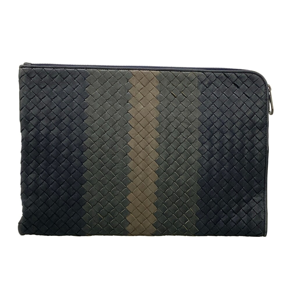 Bottega Veneta Intrecciato Clutch Bag Black Dark Gray Light Brown